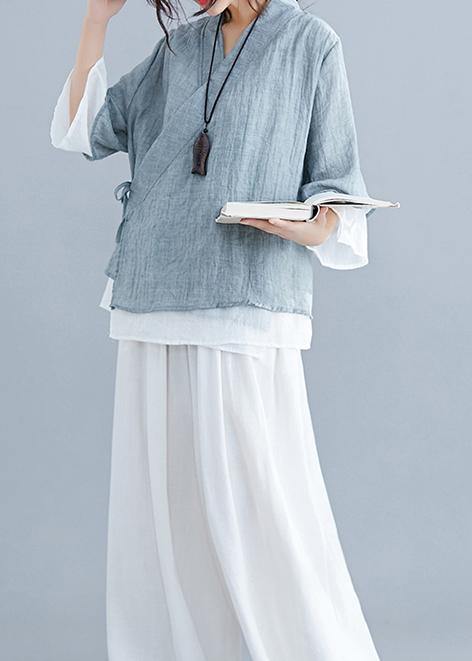 French gray cotton Tunic pattern v neck half sleeve summer shirts - SooLinen