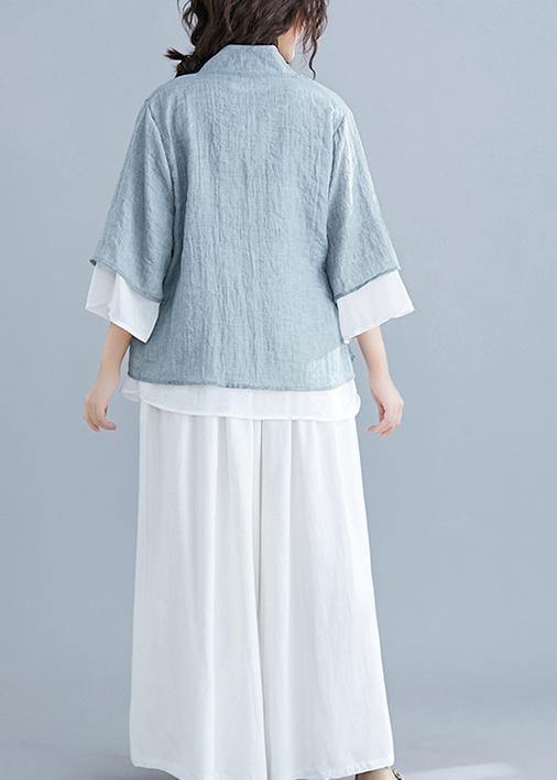 French gray cotton Tunic pattern v neck half sleeve summer shirts - SooLinen