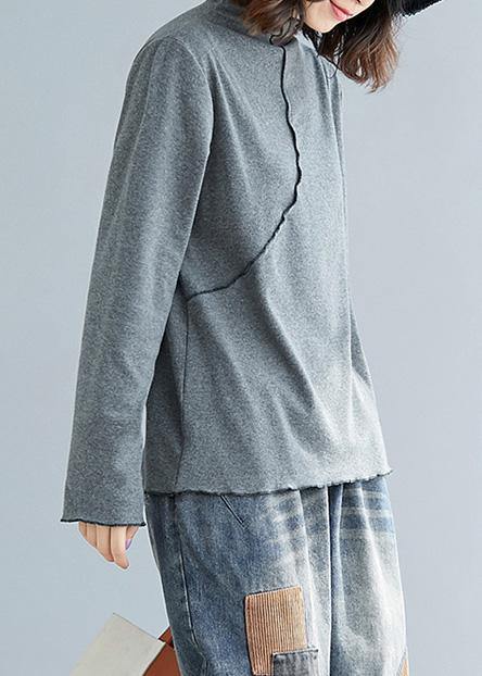 French gray cotton tops women blouses high neck Art top - SooLinen