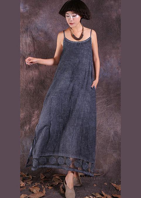 French gray side open linen clothes For Women hollow out hem Maxi summer Dresses - SooLinen