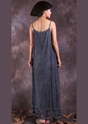 French gray side open linen clothes For Women hollow out hem Maxi summer Dresses - SooLinen