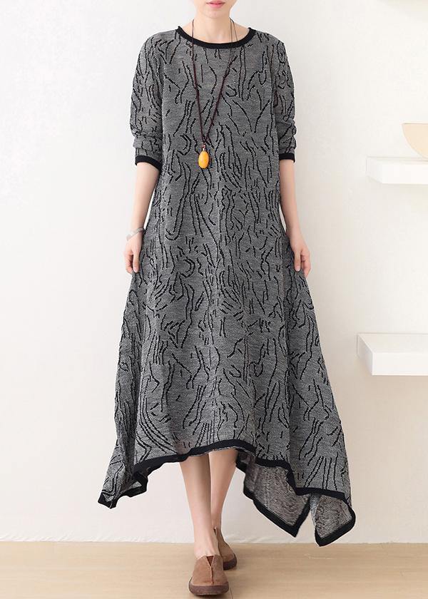 French gray striped quilting clothes o neck asymmetric Plus Size Clothing Dress - SooLinen