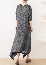 French gray striped quilting clothes o neck asymmetric Plus Size Clothing Dress - SooLinen