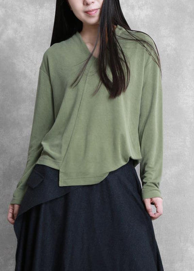 French green Tunic v neck asymmetric short blouses - SooLinen