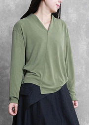French green Tunic v neck asymmetric short blouses - SooLinen