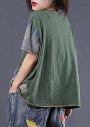 French green alphabet prints cotton blouses for women patchwork cotton summer blouses - SooLinen