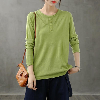 French green blouses for women o neck long sleeve short fall blouse - SooLinen