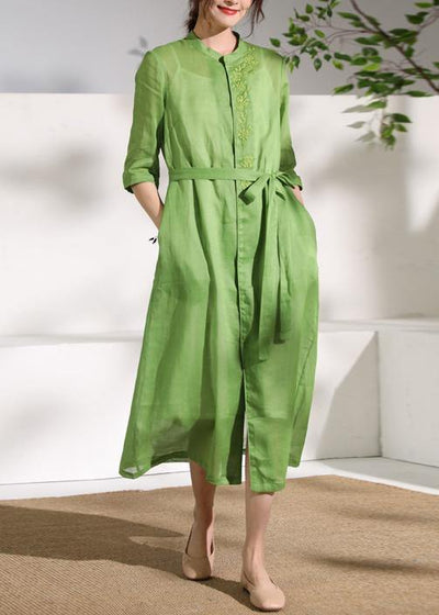 French green embroidery linen Robes stand collar Dress - SooLinen