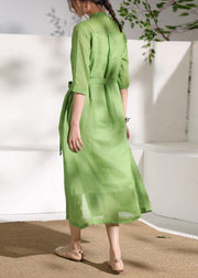 French green embroidery linen Robes stand collar Dress - SooLinen