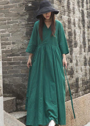 French green embroiedry linen Wardrobes bracelet sleeved loose fall Dresses - SooLinen