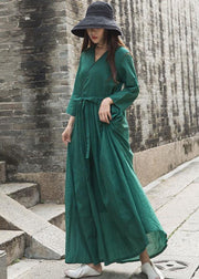 French green embroiedry linen Wardrobes bracelet sleeved loose fall Dresses - SooLinen