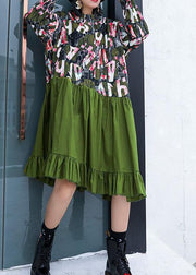 French green patchwork Cotton quilting dresses prints Plus Size fall Dress - SooLinen