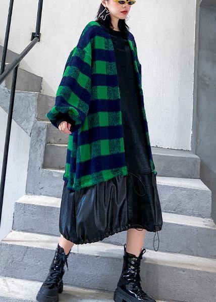 French green plaid cotton clothes drawstring Plus Size patchwork Dress - SooLinen