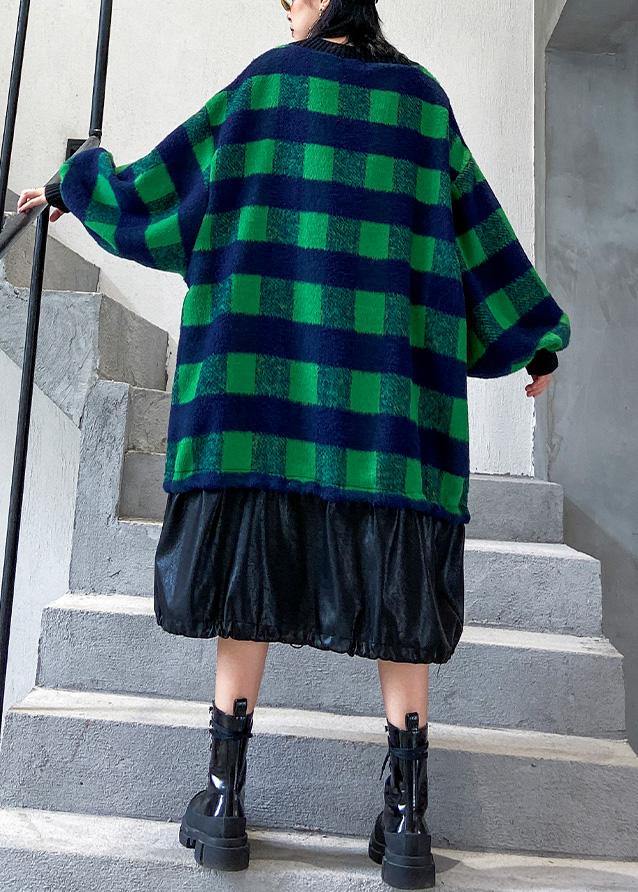 French green plaid cotton clothes drawstring Plus Size patchwork Dress - SooLinen