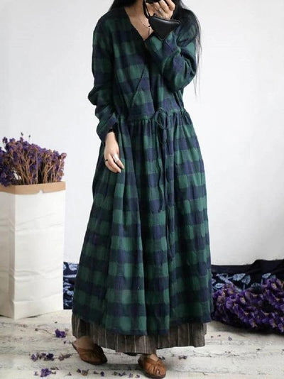 French green plaid cotton dresses v neck drawstring Traveling spring Dresses - SooLinen