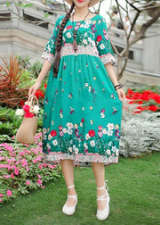 French green print Cotton o neck half sleeve loose summer Dresses - SooLinen