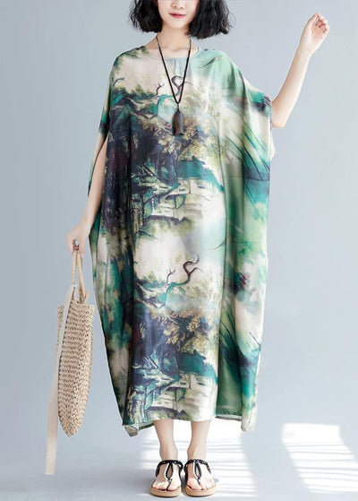 French green print clothes Women o neck batwing sleeve Traveling summer Dresses - SooLinen
