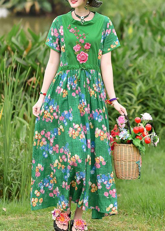 French green print cotton clothes tie waist embroidery cotton robes summer Dress - SooLinen