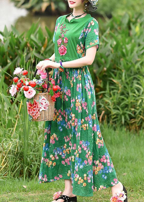 French green print cotton clothes tie waist embroidery cotton robes summer Dress - SooLinen