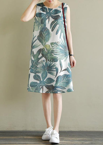 French green print dresses sleeveless Dresses summer Dress - SooLinen