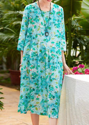 French green print linen clothes For Women o neck pockets loose summer Dress - SooLinen