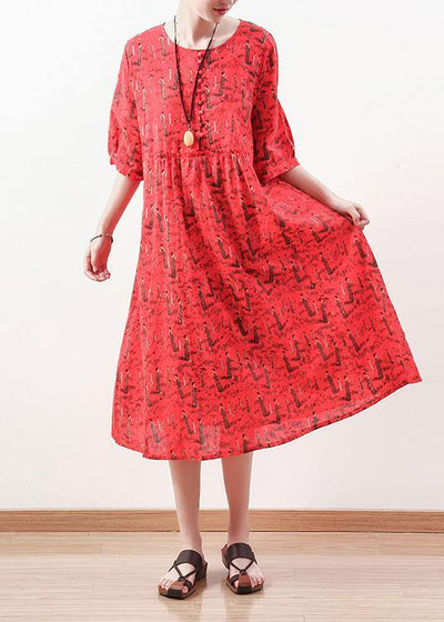 French half sleeve cotton linen clothes For Women pattern red Dress summer - SooLinen