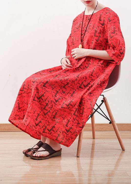 French half sleeve cotton linen clothes For Women pattern red Dress summer - SooLinen