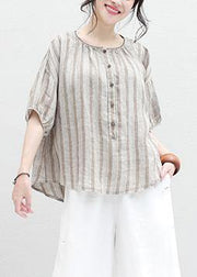 French half sleeve linen Blouse Sewing summer shirt khaki striped - SooLinen