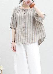 French half sleeve linen Blouse Sewing summer shirt khaki striped - SooLinen