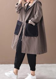 French hooded Large pockets Fine tunics for women denim khaki Knee winter outwear - SooLinen