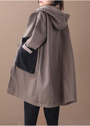 French hooded Large pockets Fine tunics for women denim khaki Knee winter outwear - SooLinen