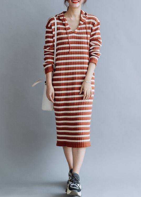 French hooded cotton Tunics Wardrobes red striped loose Dresses fall - SooLinen