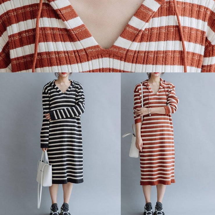 French hooded cotton Tunics Wardrobes red striped loose Dresses fall - SooLinen