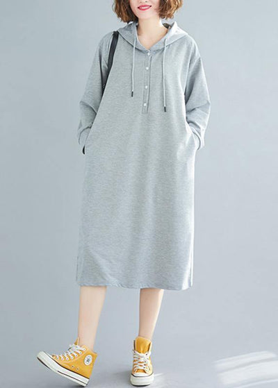 French hooded drawstring Cotton spring Tunics gray Dresses - SooLinen