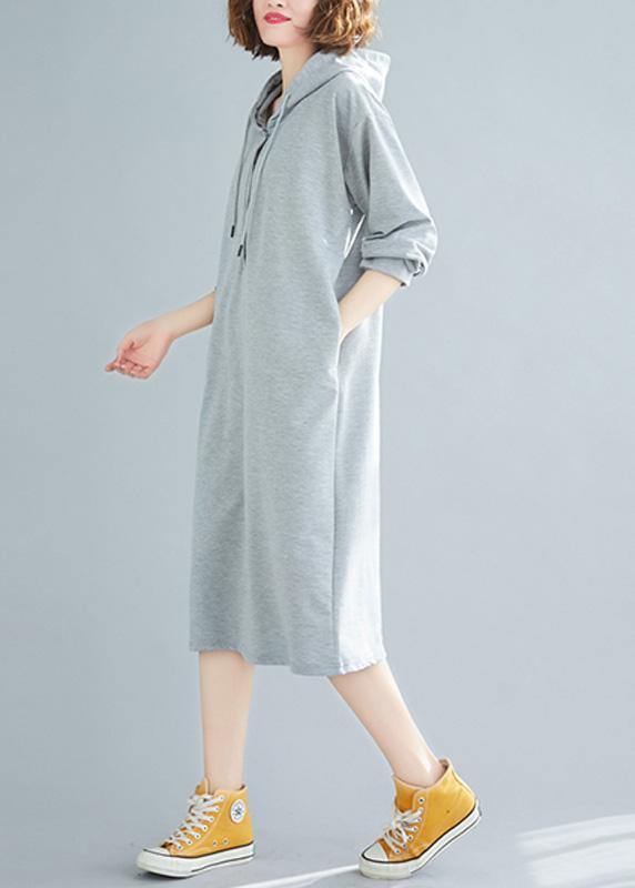French hooded drawstring Cotton spring Tunics gray Dresses - SooLinen