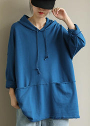 French hooded drawstring fall clothes For Women Fashion Ideas blue blouse - SooLinen