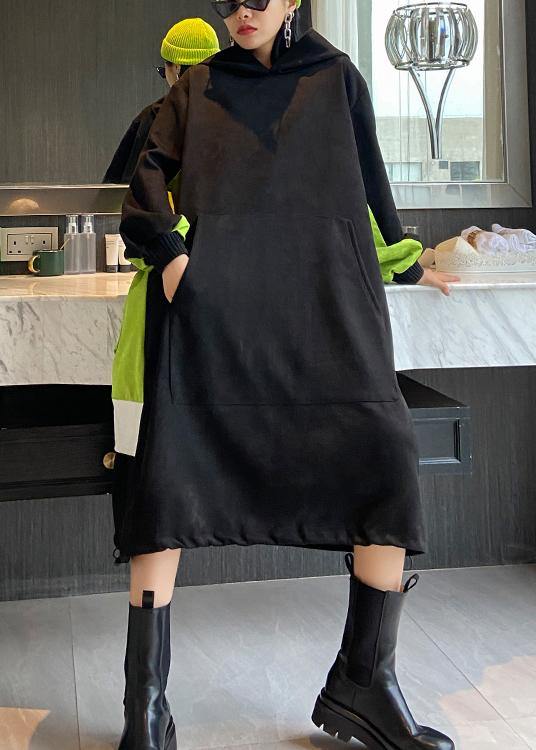 French hooded patchwork Long dress Outfits black Dress - SooLinen