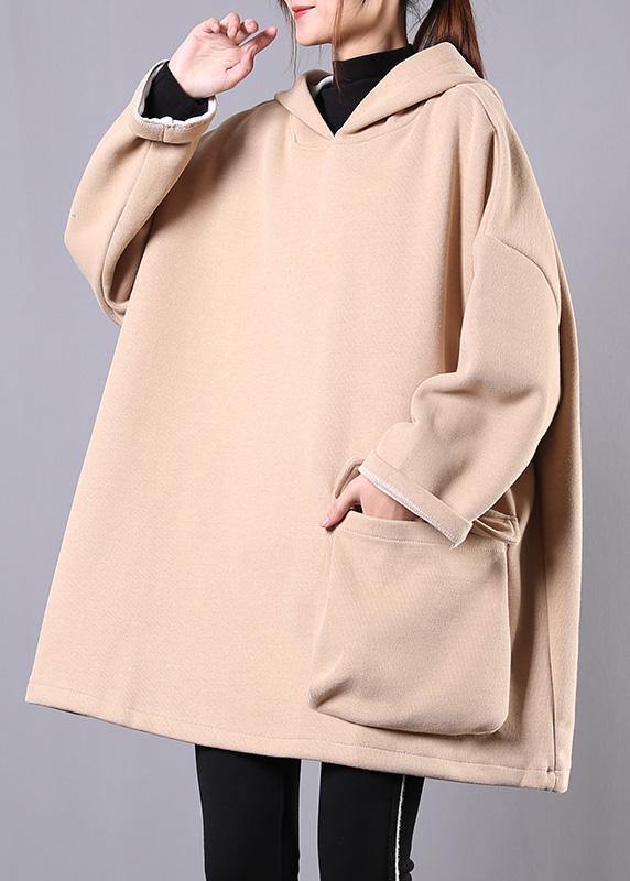 French hooded thick cotton linen tops women khaki shirt - SooLinen