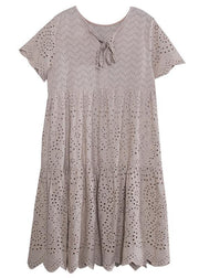 French khaki cotton dresses asymmetric hollow out Art summer Dresses - SooLinen