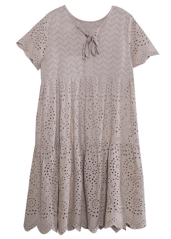 French khaki cotton dresses asymmetric hollow out Art summer Dresses - SooLinen