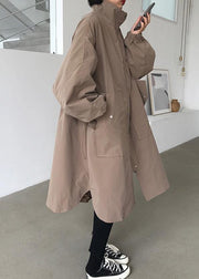 French khaki fine maxi coat Wardrobes zippered lapel collar women coats - SooLinen