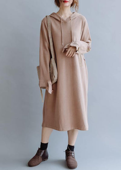 French khaki tunic pattern hooded patchwork long fall Dress - SooLinen