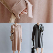 French khaki tunic pattern hooded patchwork long fall Dress - SooLinen