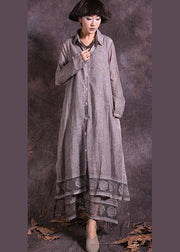 French lace hem linen cotton quilting outwear long Sleeve dark khaki lapel collar cardigan summer - SooLinen