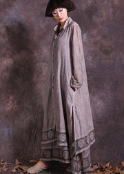 French lace hem linen cotton quilting outwear long Sleeve dark khaki lapel collar cardigan summer - SooLinen