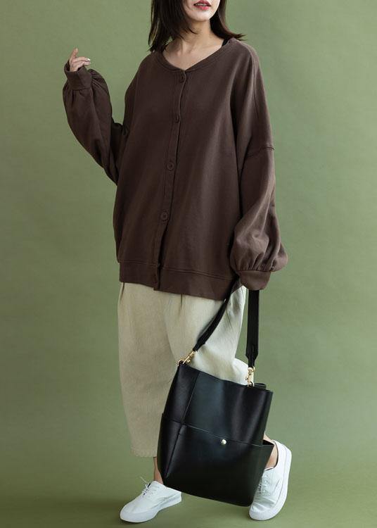 French lantern sleeve Button Down cotton tops women design chocolate shirt fall - SooLinen