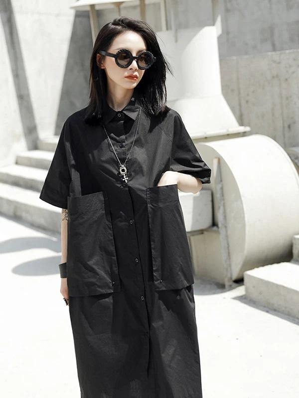 French lapel Large poeckets Cotton summer dresses Photography black Dresses - SooLinen