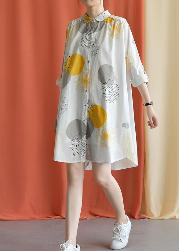 French lapel asymmetric Cotton clothes Catwalk yellow dotted Dress fall - SooLinen