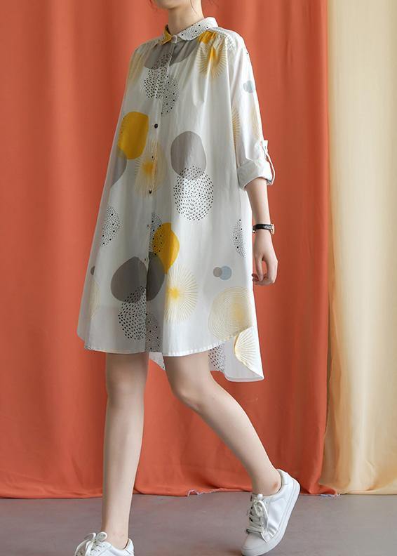 French lapel asymmetric Cotton clothes Catwalk yellow dotted Dress fall - SooLinen