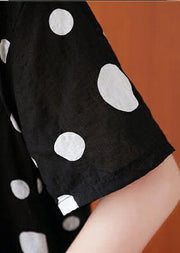 French lapel asymmetric linen cotton tunic top black dotted daily blouses - SooLinen